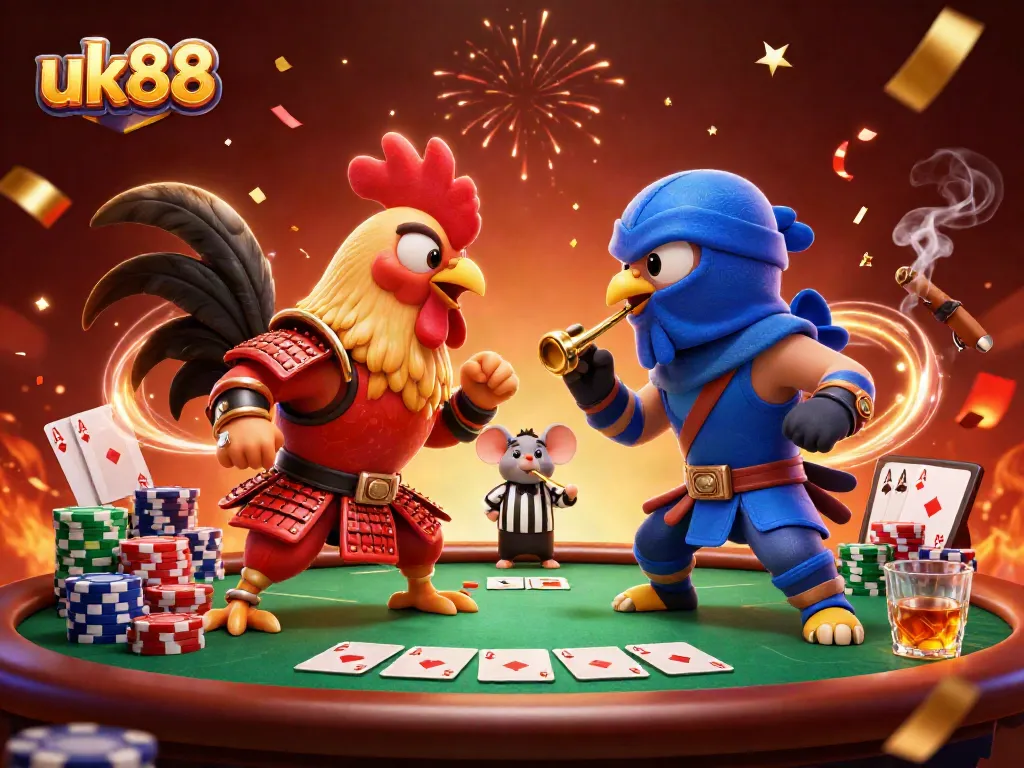 uk88 showcases epic rooster battle at the poker table with vibrant elements and festive atmosphere.