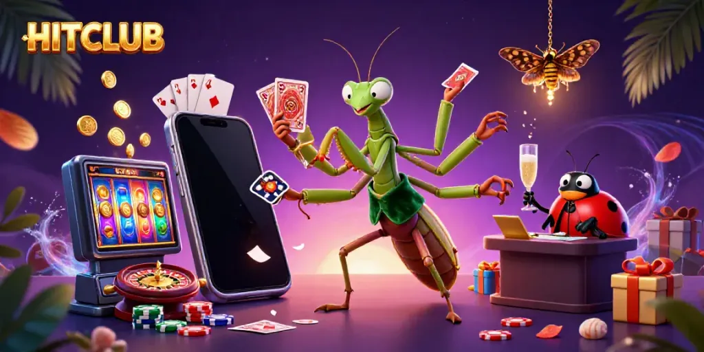 Engaging scene of the HITCLUB casino with a giant praying mantis dealer, ladybug pit boss, and dynamic gaming elements.
