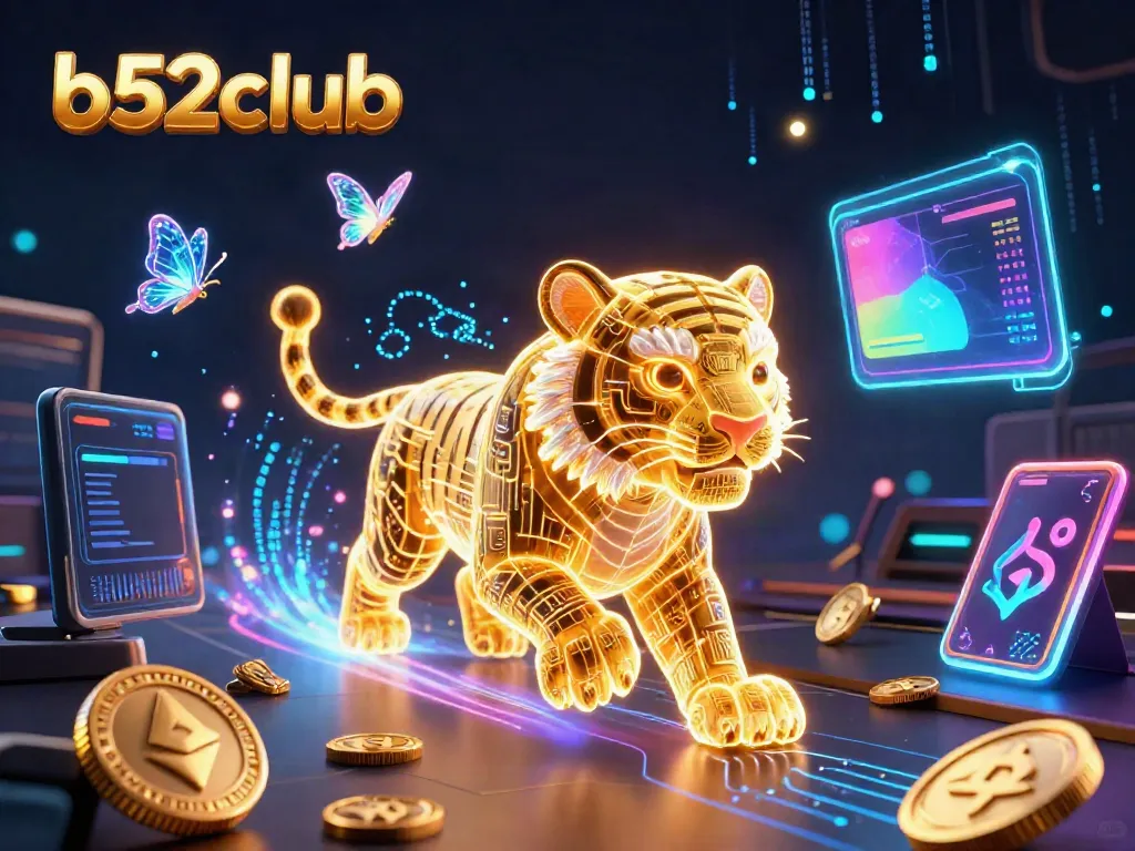 Experience the vibrant world of b52club with a golden tiger in a digital casino, bringing excitement and energy.