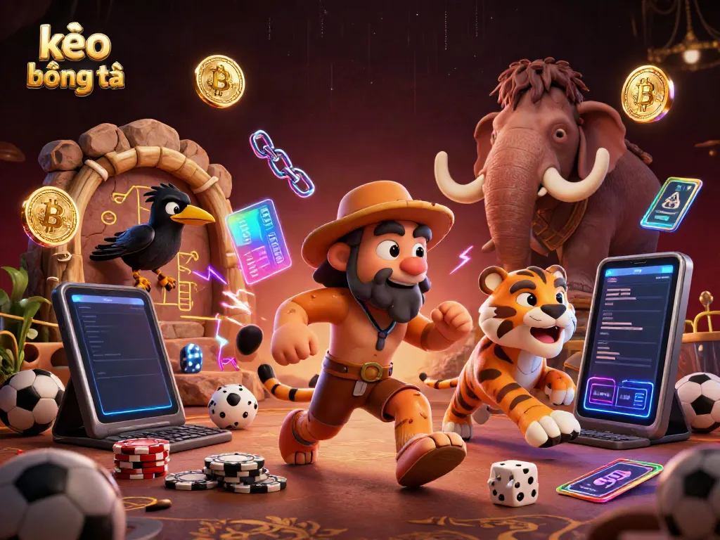 Experience thrilling kèo bóng đá action in a vibrant 3D scene with cavemen and neon coins.