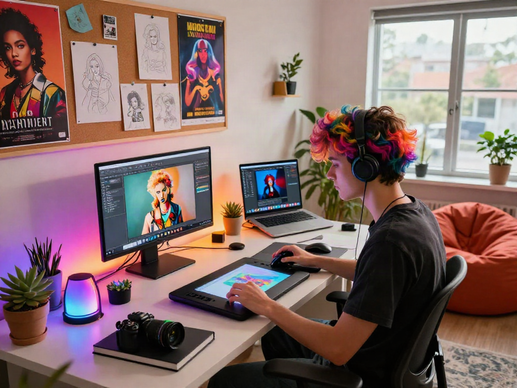 Creative workspace scene capturing an artist using nsfw ai tools with colorful digital art elements.