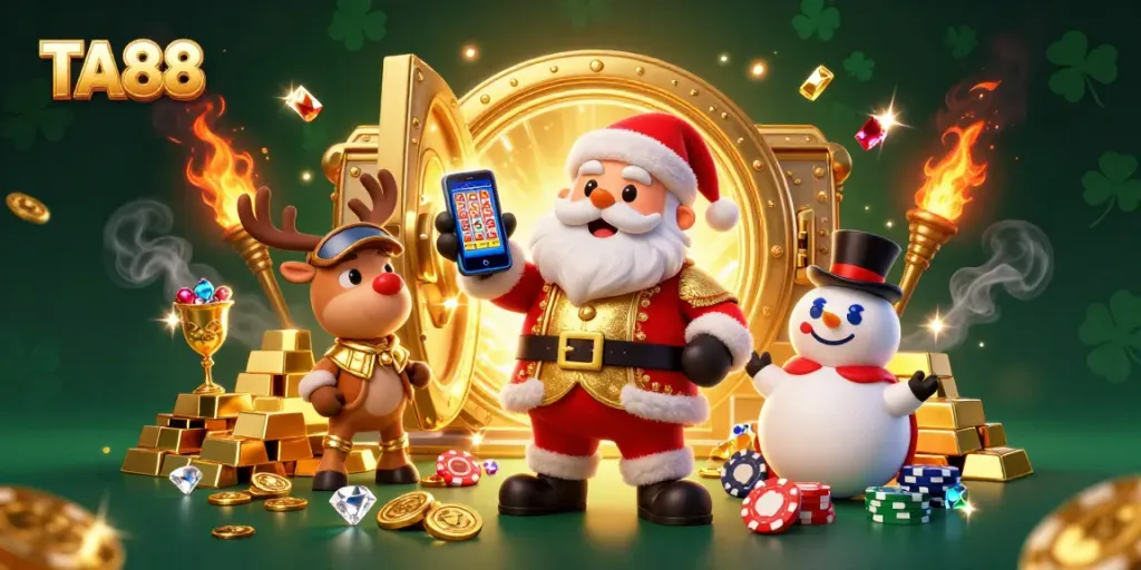 TA88 offers a dynamic gaming experience with Santa Claus, reindeer dealer, and poker snowman in a vibrant 3D casino
