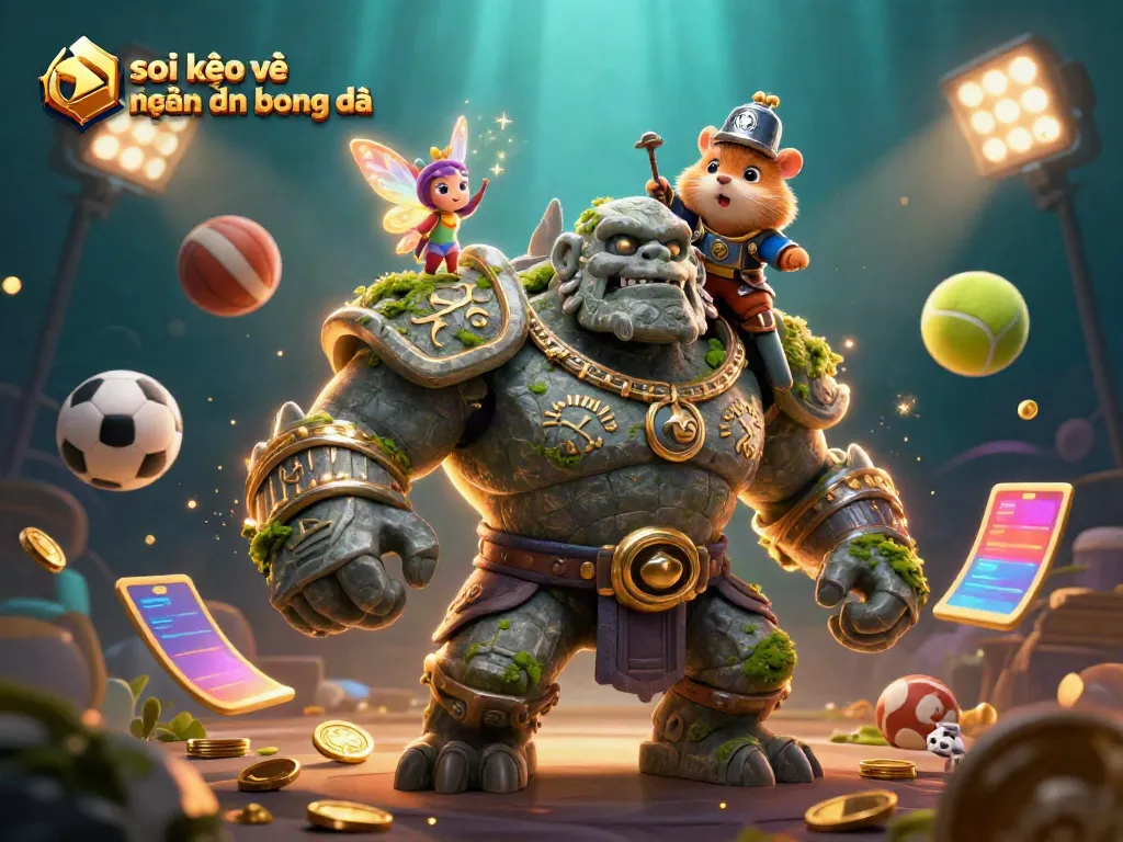 Engage with soi kèo và nhận định bóng đá through an energetic 3D scene featuring sports elements and characters.