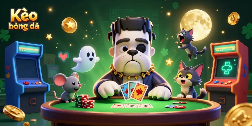 Engage with Kèo bóng đá as a playful 3D monster deals cards at a spooky table.