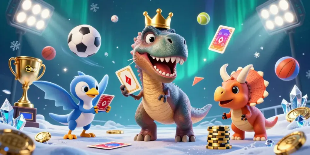 Experience the thrilling nbet action with a T-Rex shuffling cards surrounded by dynamic sports elements.