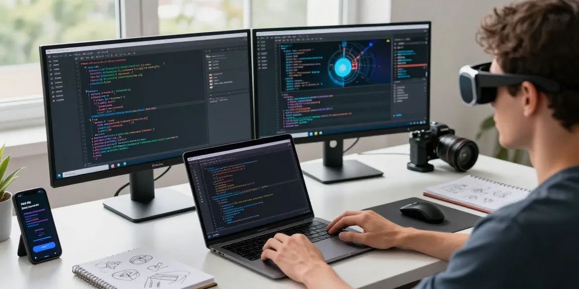 Tech enthusiast using AR glasses with dual monitors displaying augmented reality applications in a modern workspace.