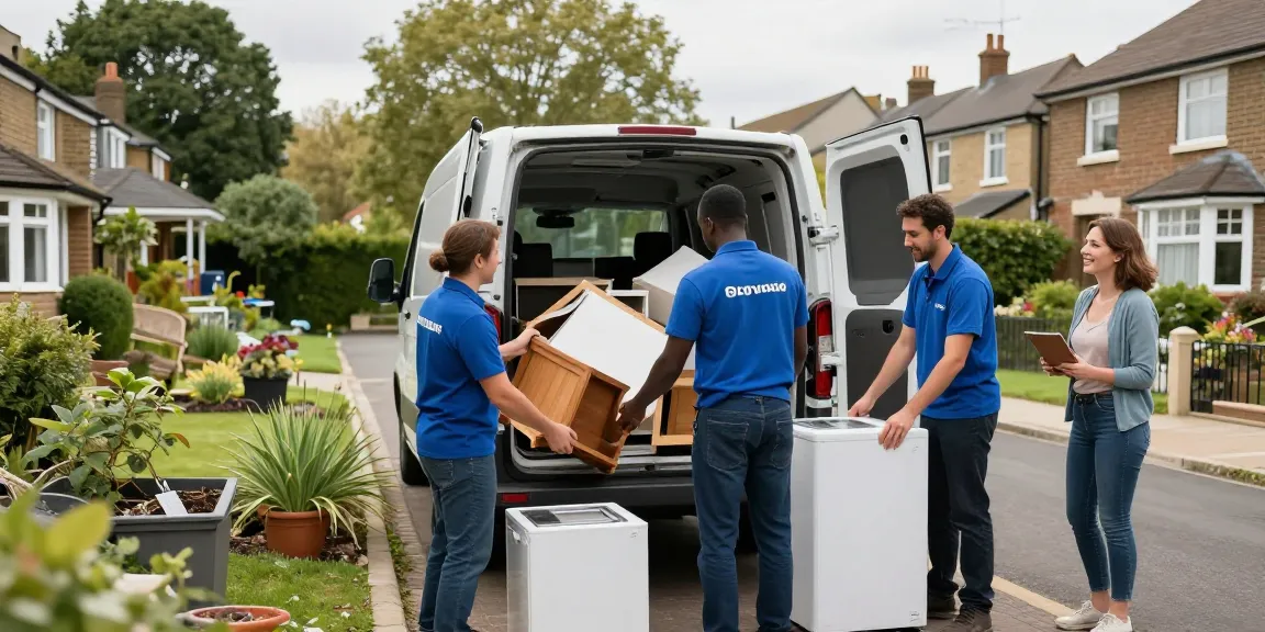 House clearance London professionals loading waste into van, showcasing eco-friendly services in a vibrant neighborhood.