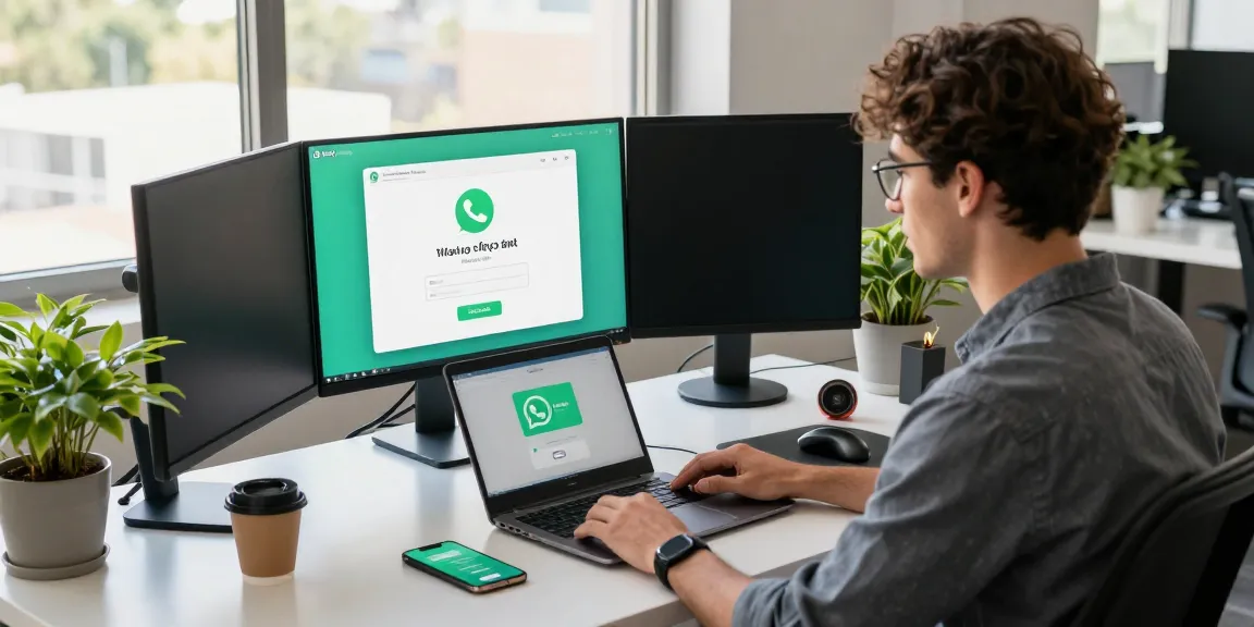 WhatsApp下載 promotional workspace with WhatsApp interface and tech gadgets.
