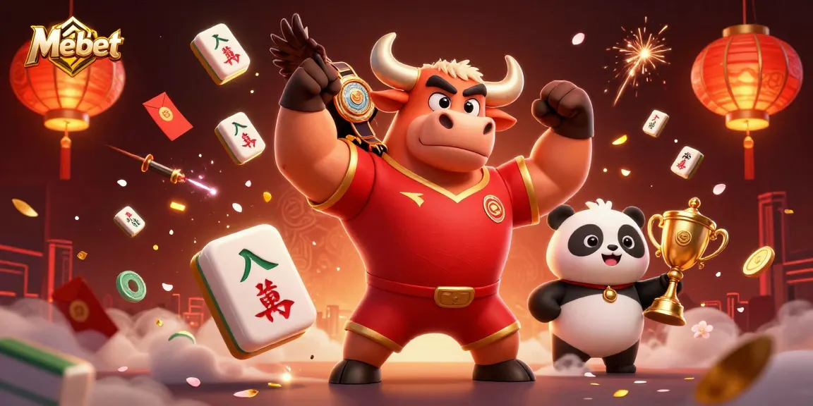 Mebet showcases a vibrant 3D casino scene with a bull mascot, eagle, and panda celebrating wins.