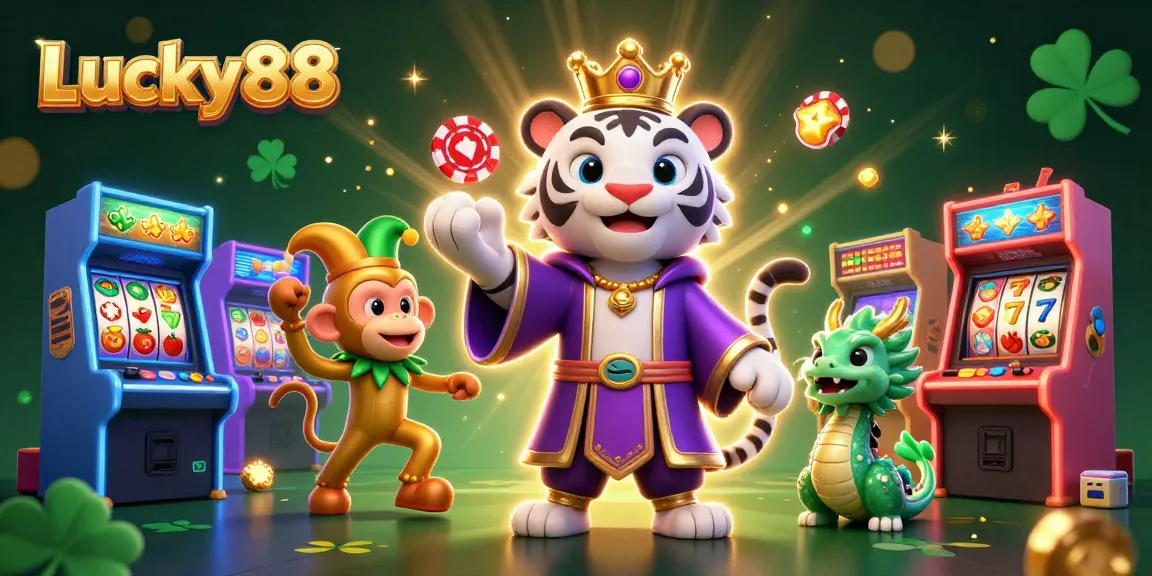 Experience the thrill of Lucky88 with a colorful casino scene featuring a tiger, monkey, and jade dragon.