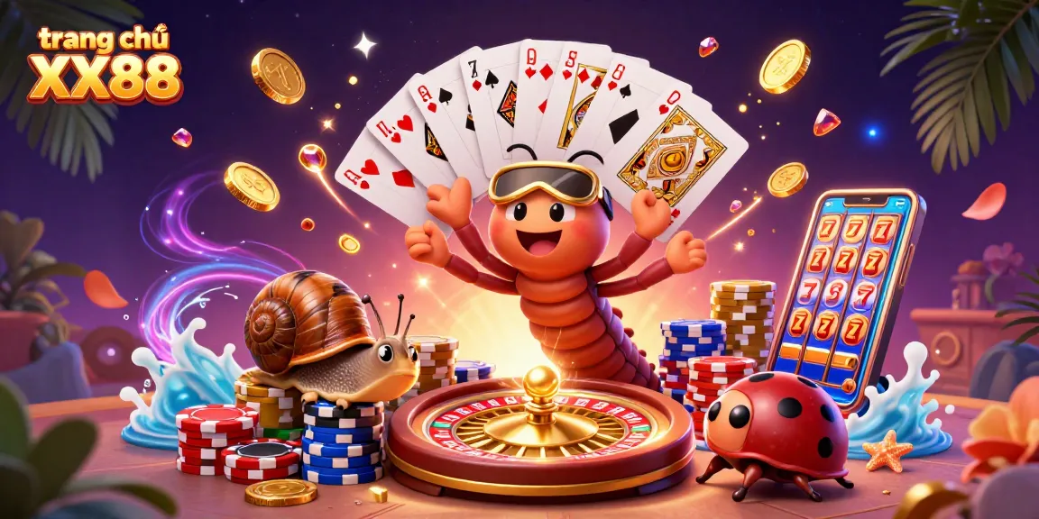 Experience the excitement of trang chủ XX88 with a cartoon millipede dealer and vibrant casino elements.