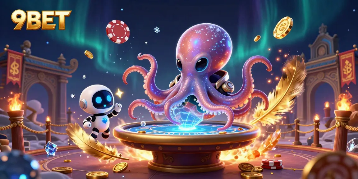 Engage with thrilling poker action at 9BET, featuring dynamic alien characters and a holographic table.