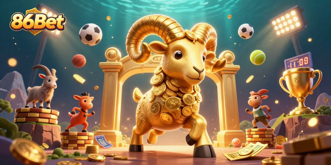 Bet on 86Bet with a thrilling 3D golden ram charging through sports elements and gold coins.