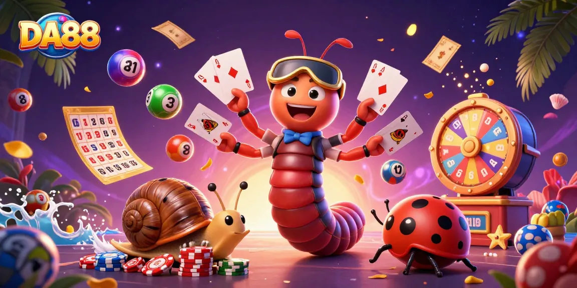 Engage in thrilling casino action with DA88 featuring a cartoon dealer and vibrant lottery elements.