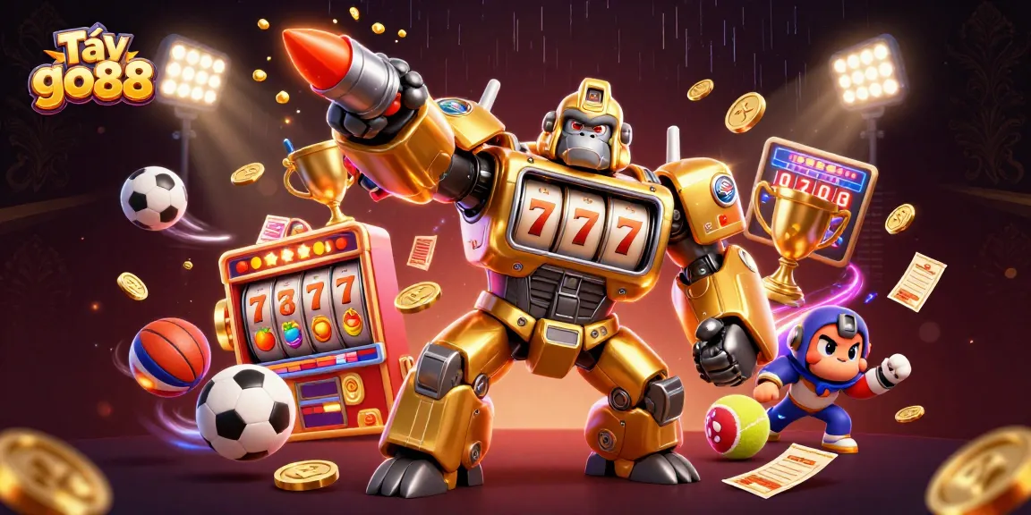 Play exciting slots with Tải go88 featuring a unique gorilla mech and vibrant casino elements.