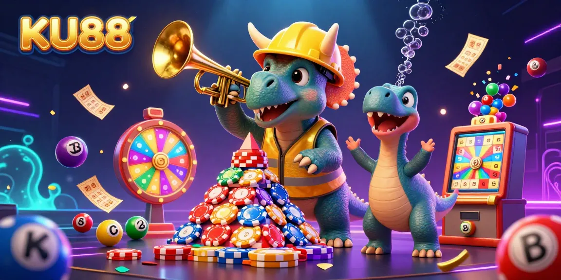 KU88 brings excitement to the casino floor with vibrant 3D characters celebrating gambling wins in a lively scene.