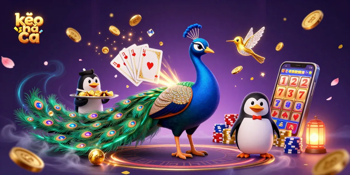 Win big with kèo nhà cái as a colorful peacock interacts with dynamic casino elements.