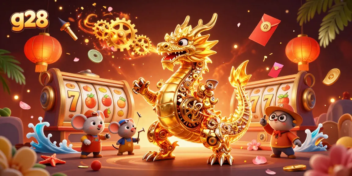 Breathe life into your gaming with g28, featuring an energetic biomechanical dragon amidst spinning slot reels and glowing symbols.