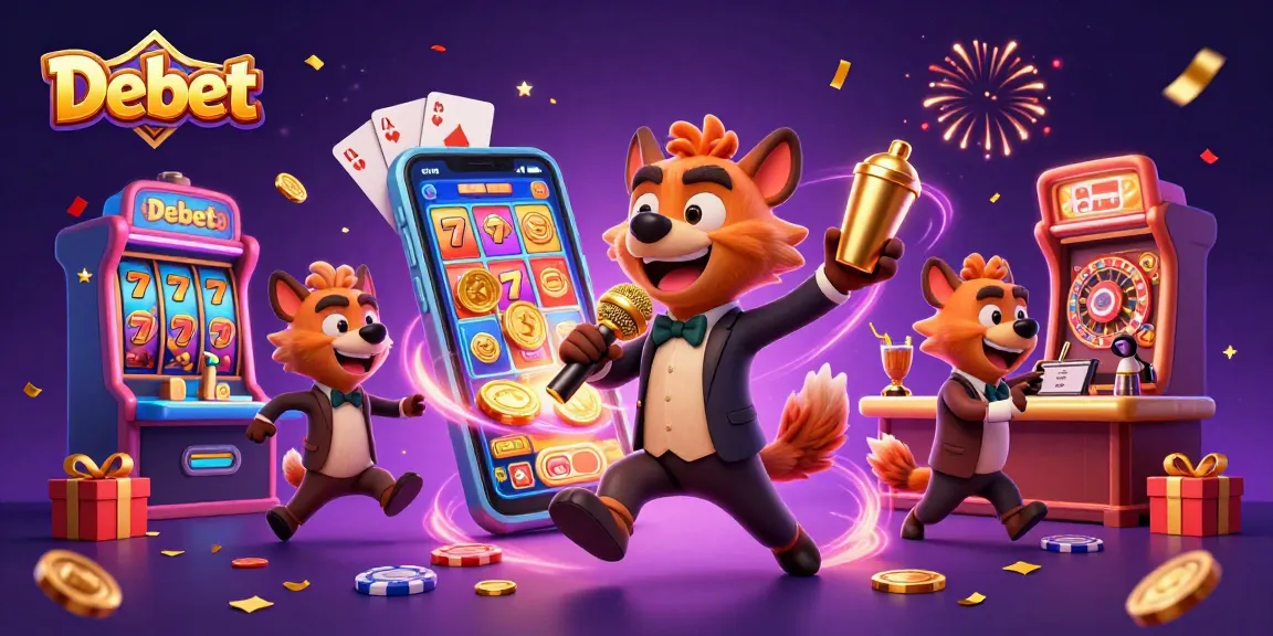 Experience the thrill of Debet's comedy casino with vibrant gaming elements and lively hyena characters.