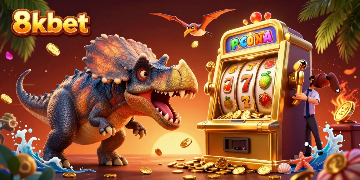 8xbet jackpot scene with a pachycephalosaurus winning coins from a golden slot machine in a dynamic casino environment.