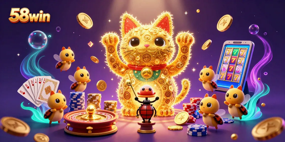 Enjoy thrilling moments at 58win, featuring a dynamic lucky cat and exciting casino symbols