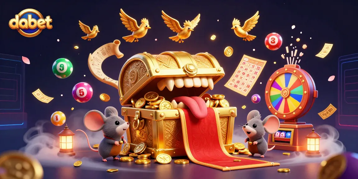 Spin your luck with dabet's vibrant casino games featuring a treasure chest lure amidst festive lottery elements.