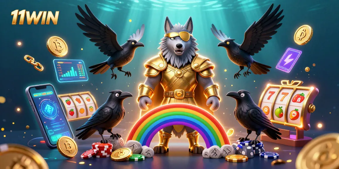 Experience thrilling casino action with 11WIN's Odin wolf and ravens amid vibrant gaming elements.