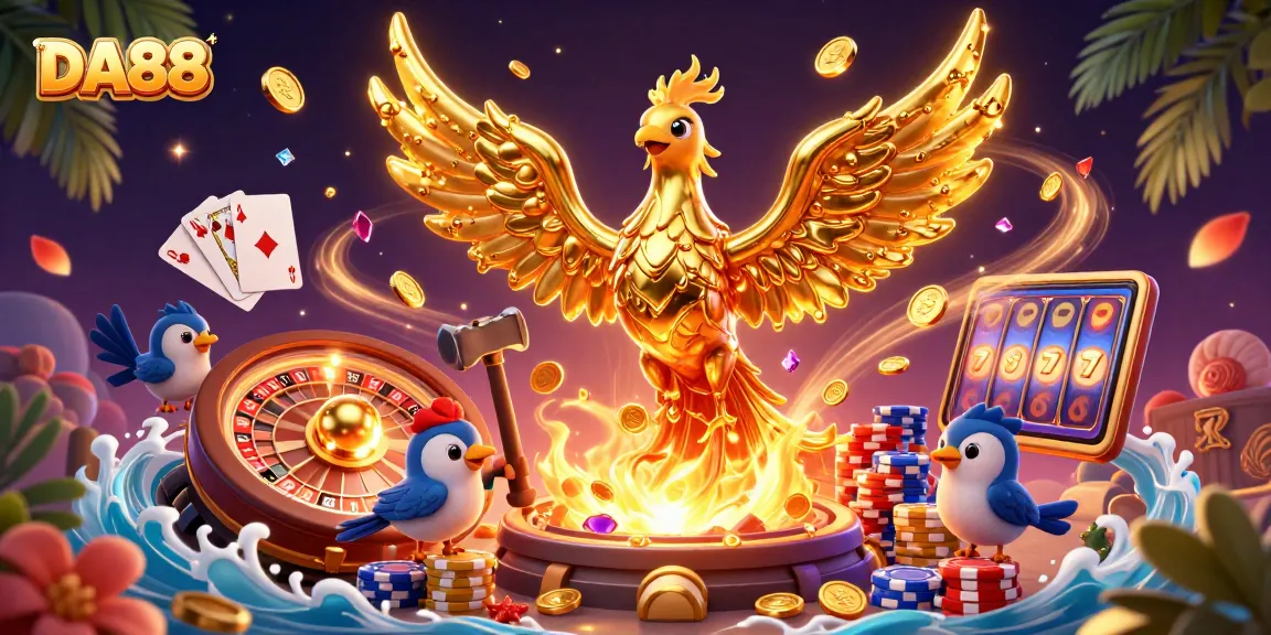 Experience the excitement of DA88 casino games with dynamic visuals and golden winning elements.