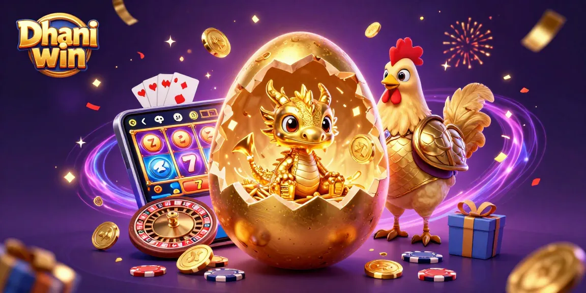 Play exciting games on Dhani win with a dazzling casino scene featuring a golden dragon and slot machine.