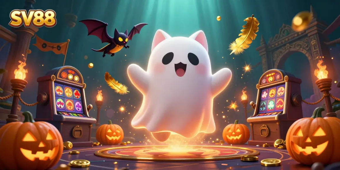 SV88 showcases a ghostly cat and bat in a vibrant haunted casino scene with glowing jack-o-lanterns.