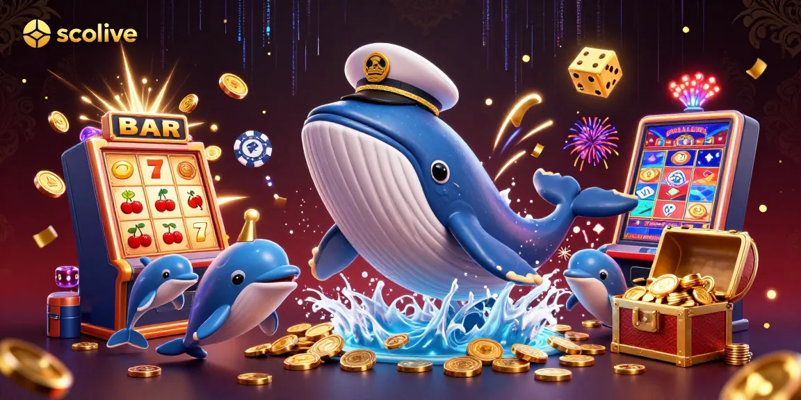 Socolive captures the excitement of online gambling with dynamic action featuring a whale, narwhal, and dolphins amidst vibrant casino elements.