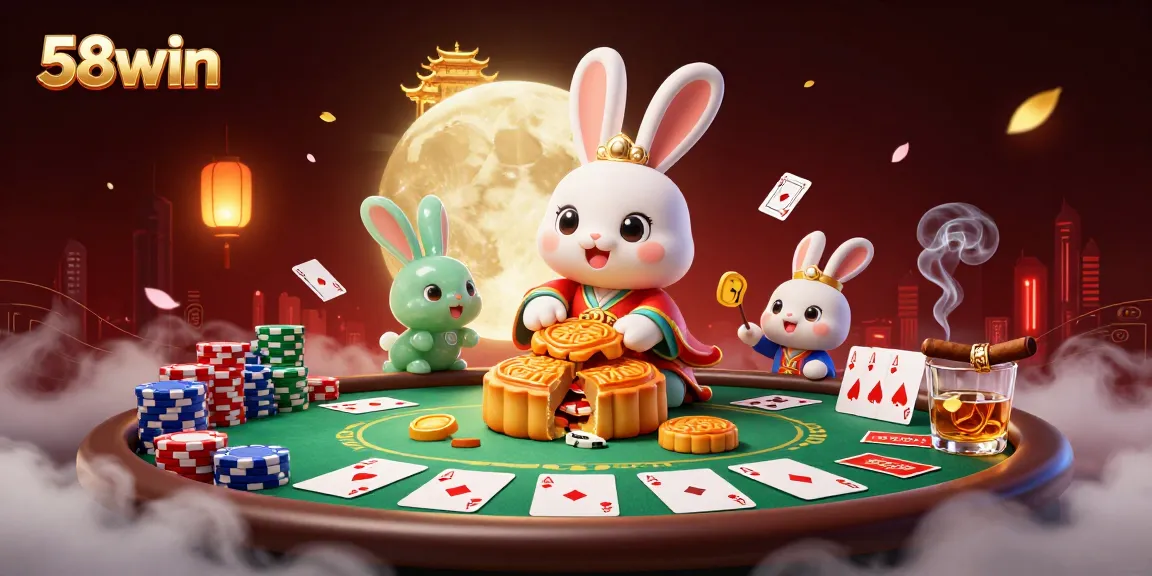Join the thrilling 58win experience with a vivid portrayal of the moon rabbit at a vibrant poker table.