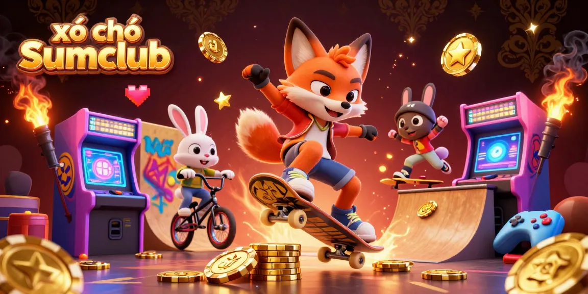 xổ số Sumclub scene featuring a skateboarder fox and BMX rabbit amidst lottery-themed gaming elements.