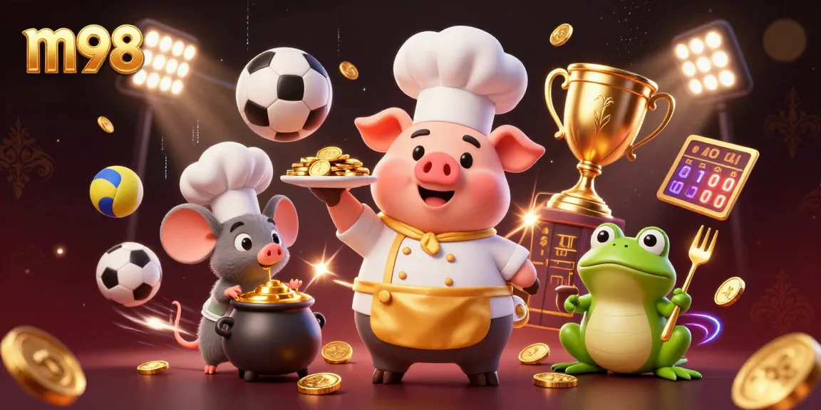 Experience the thrill of m98 casino gaming with cartoon characters celebrating winning moments and sports elements.