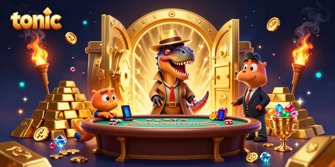Tonic-themed 3D illustration of a velociraptor card counter at a blackjack table with gold treasures.