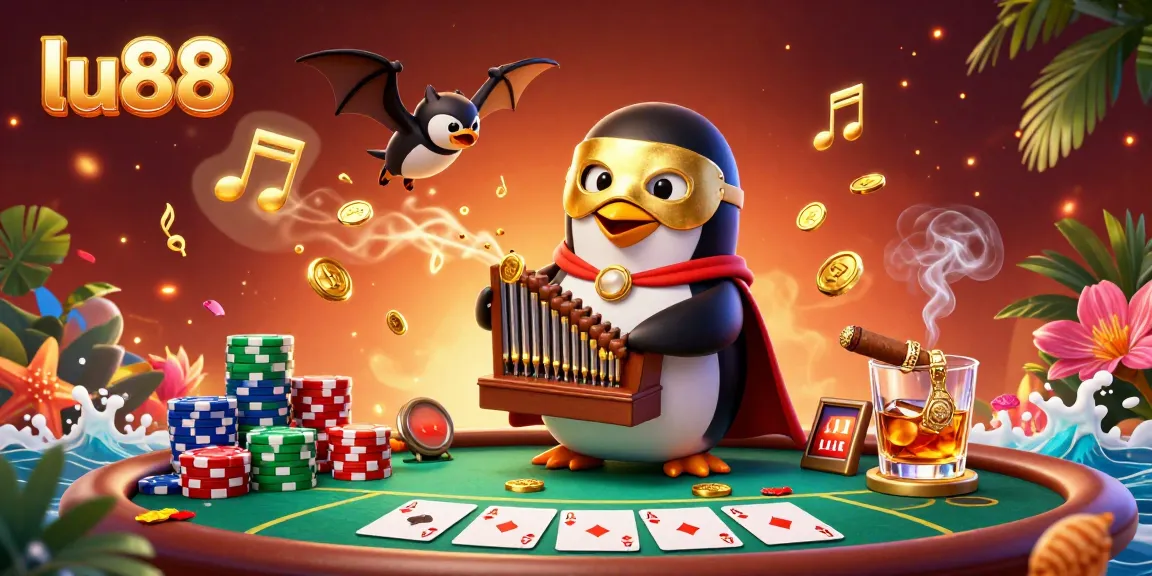 lu88 engages with vibrant casino elements featuring a phantom penguin in a dynamic scene, showcasing a playful gaming atmosphere.
