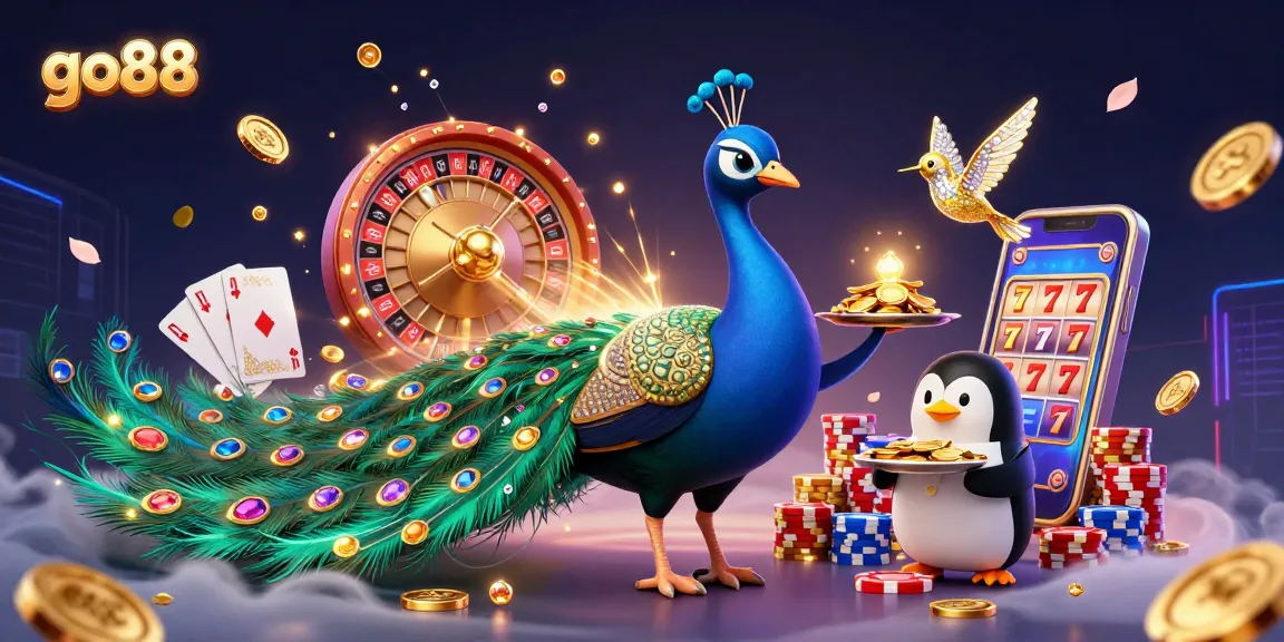 Experience go88's vibrant casino atmosphere with a 3D peacock, butler, and golden illustrations.
