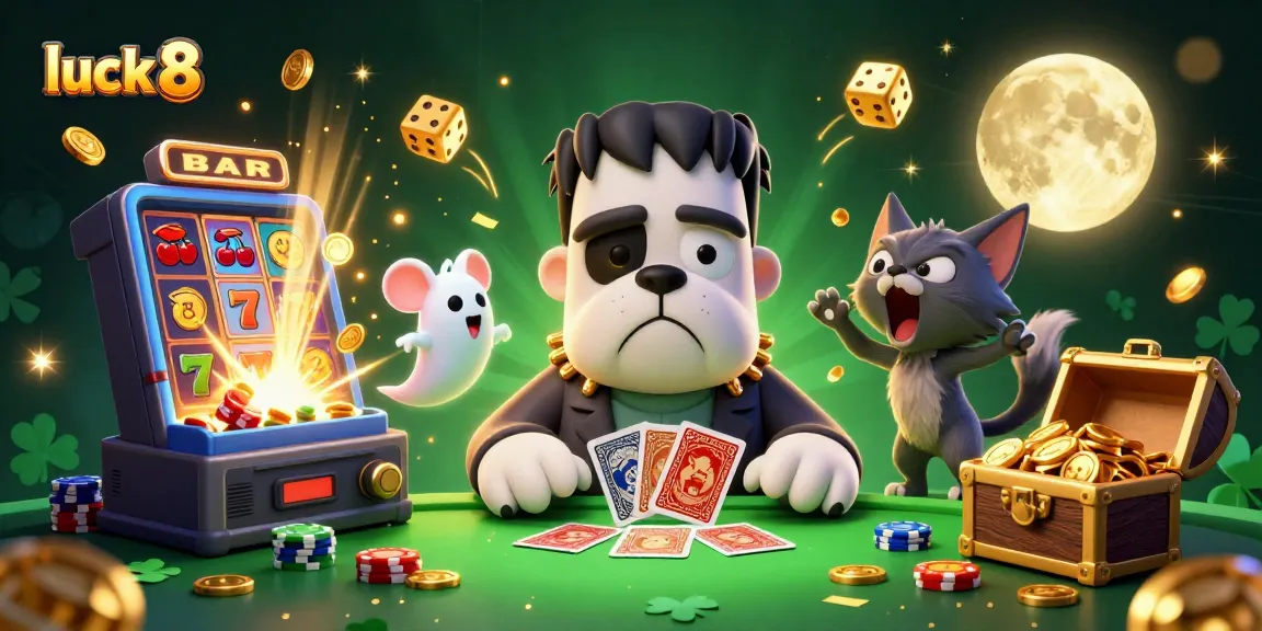 Engage with luck 8 in a vibrant casino scene featuring a charismatic bulldog dealer and extraordinary rewards.