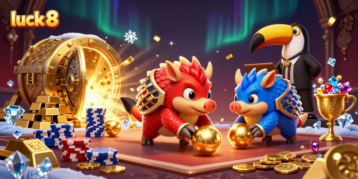 Experience the thrill of luck 8 with pangolins bowling through poker chips in a casino wonderland.