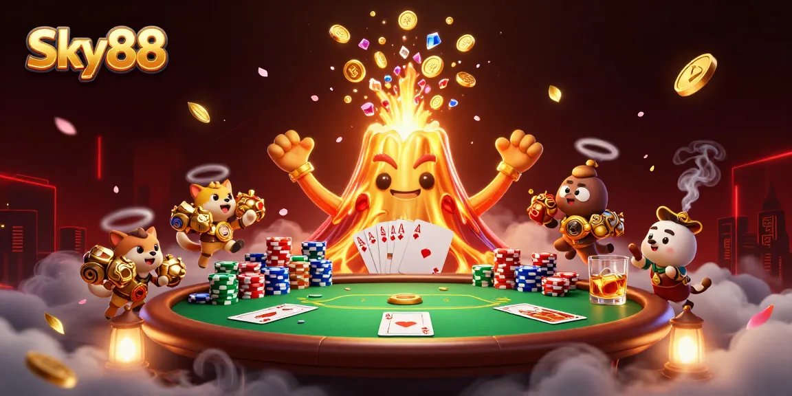 Experience the thrill of Sky88 with a dynamic casino scene filled with treasures and poker excitement.