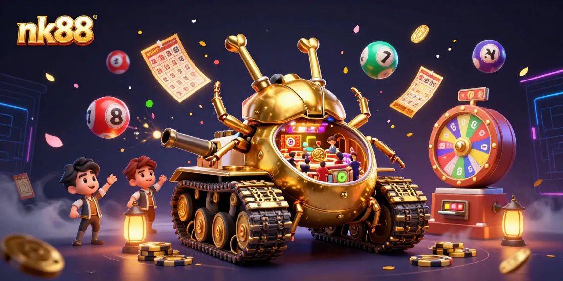 Experience excitement with nk88's vibrant casino scene featuring a golden beetle tank and colorful game elements.