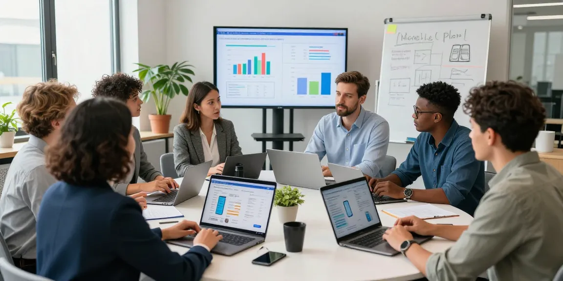 Team collaboration discussing corporate mobile plans UK in a modern office environment, showcasing data and analytics.