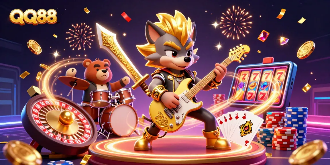 Experience the thrilling energy of QQ88 in this vibrant casino-themed 3D illustration showcasing exciting wins.