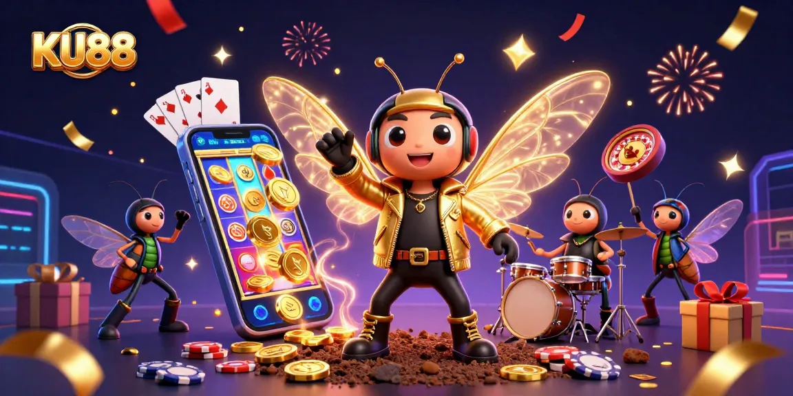 Win big with KU88's vibrant 3D casino scene featuring exciting games and energetic characters.