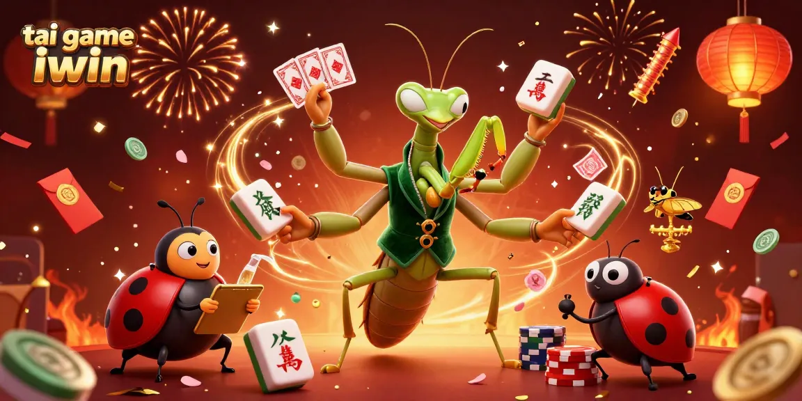 Engage with the magic of tai game iwin through an energetic casino scene featuring vibrant characters and festive elements.