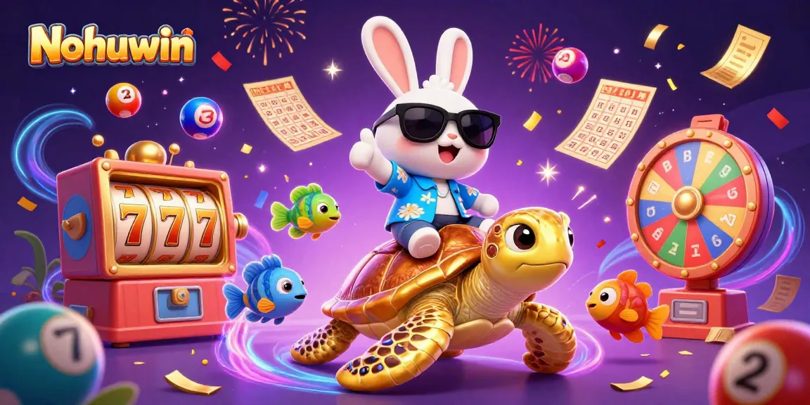Nohuwin offers thrilling slots with a lucky rabbit and golden turtle in a vibrant casino scene.