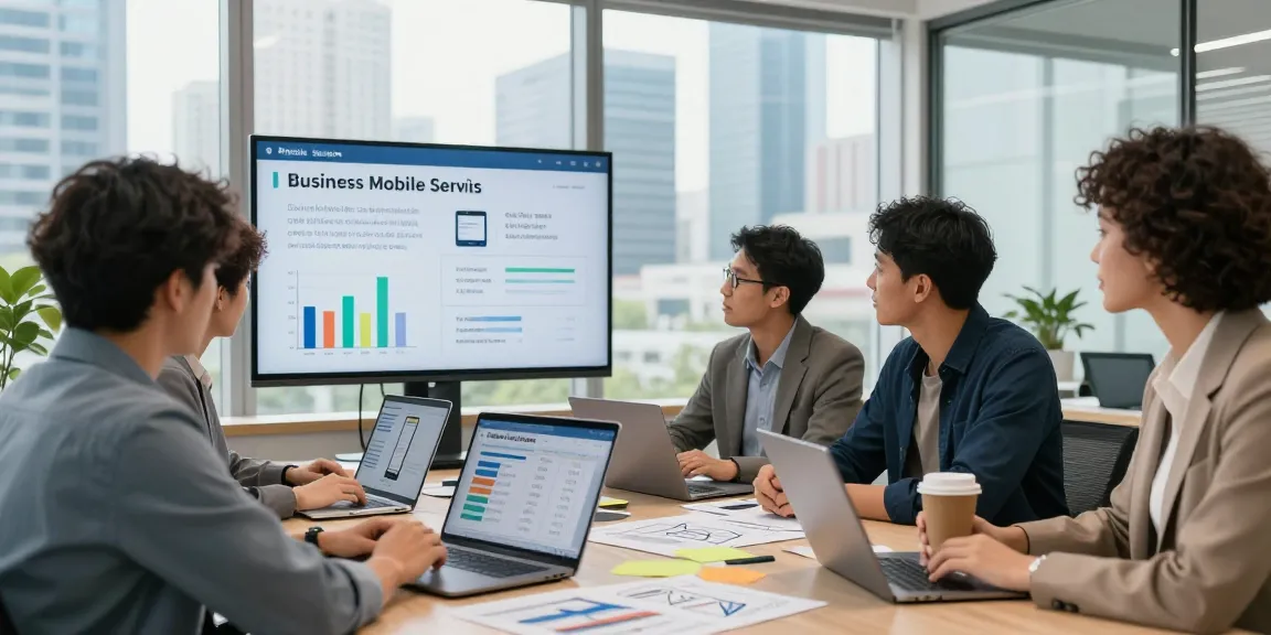 Collaboration on business mobile services in a modern office setting.