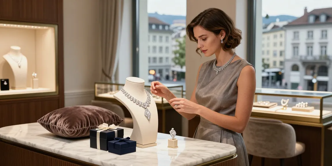 Luxury jewellers Zurich showcase, woman admiring diamond necklace in elegant shop