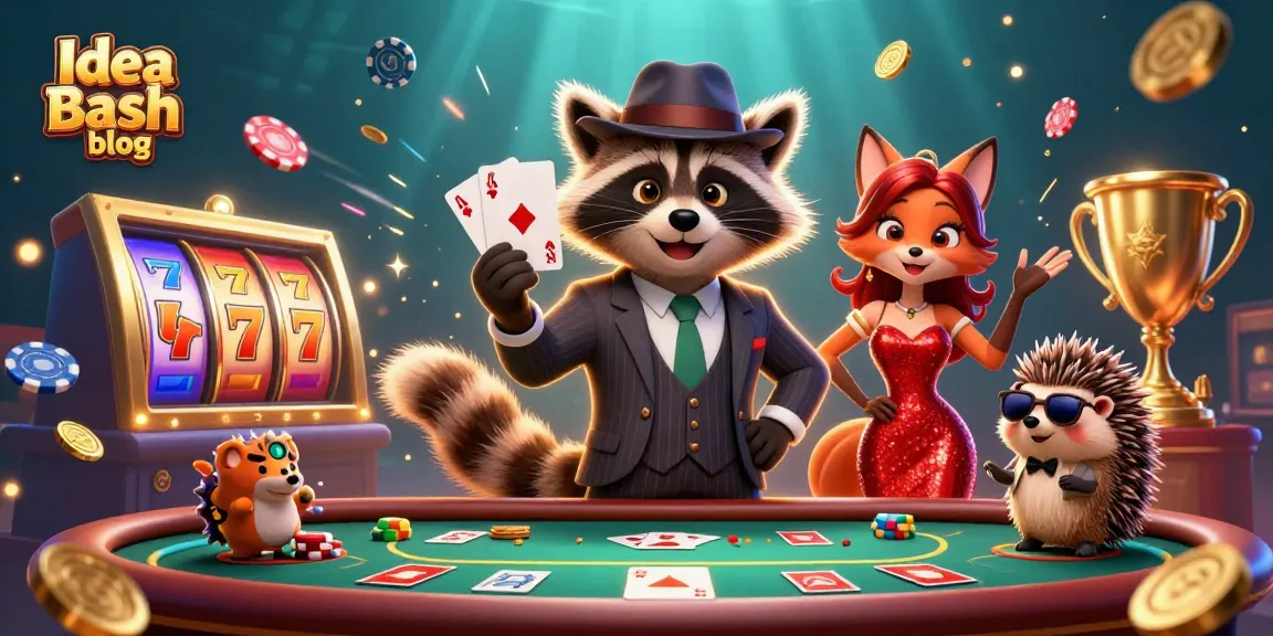 The Idea Bash blog showcases a raccoon holding a royal flush in a vibrant casino scene filled with slot machines and gold.