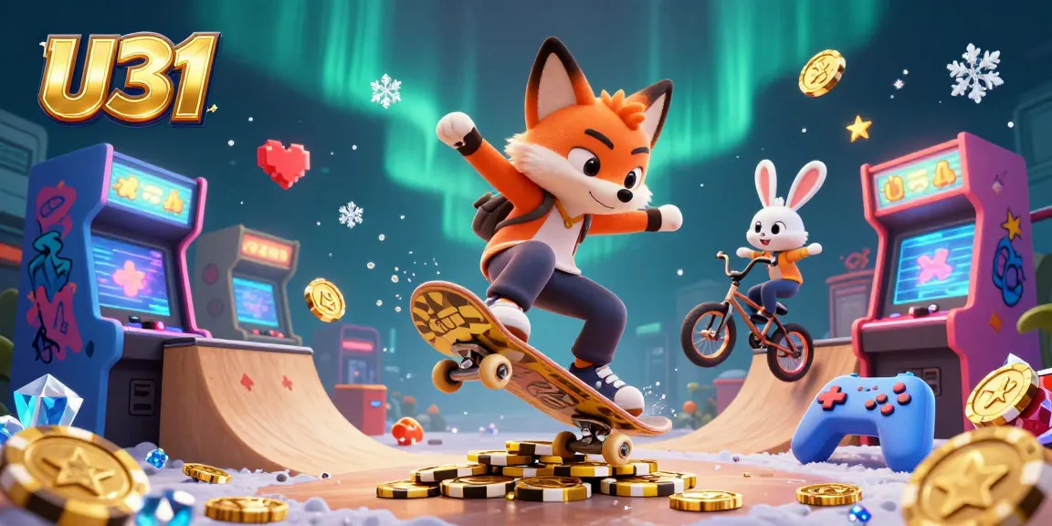 Experience thrilling gaming action at U31 as a fox kickflips over golden poker chips in a vibrant casino scene.